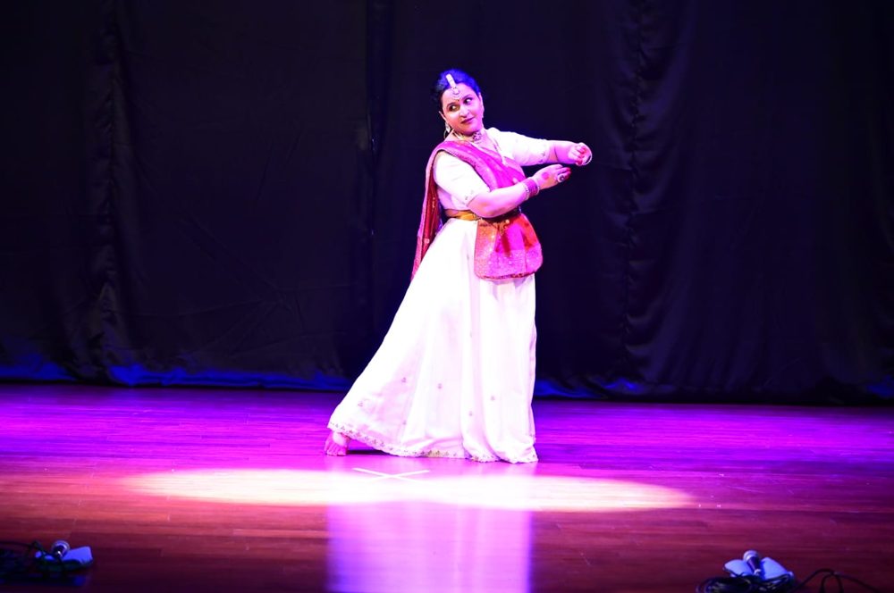 NrityaShrm student performing a Kathak solo on stage